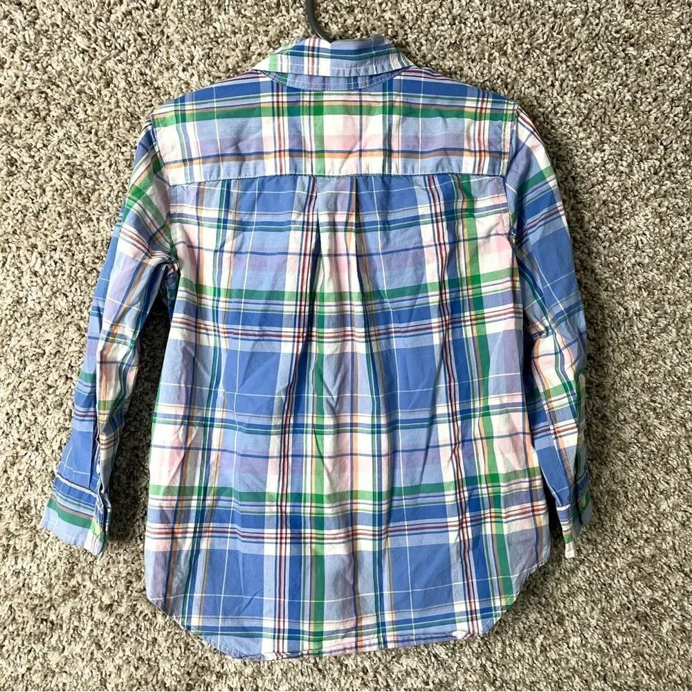 Ralph Lauren Shirt Boys 4 Light Blue, Green & Pink Plaid Long Sleeve Button Down